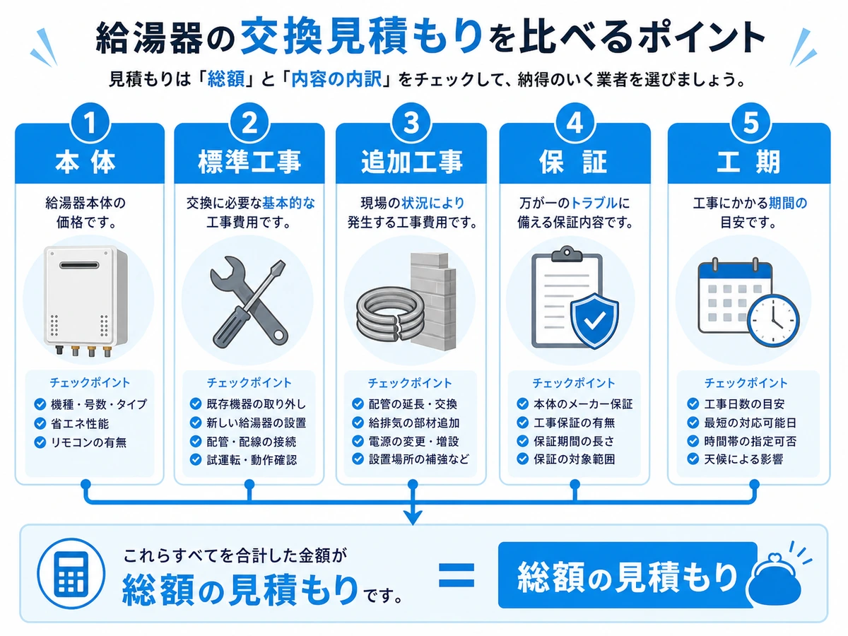 給湯器交換の工事費込み総額で確認する本体・標準工事・追加工事・保証・工期