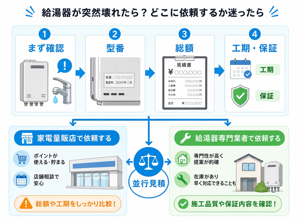 給湯器交換前に型番、総額、工期、保証を確認して並行見積もりする流れ