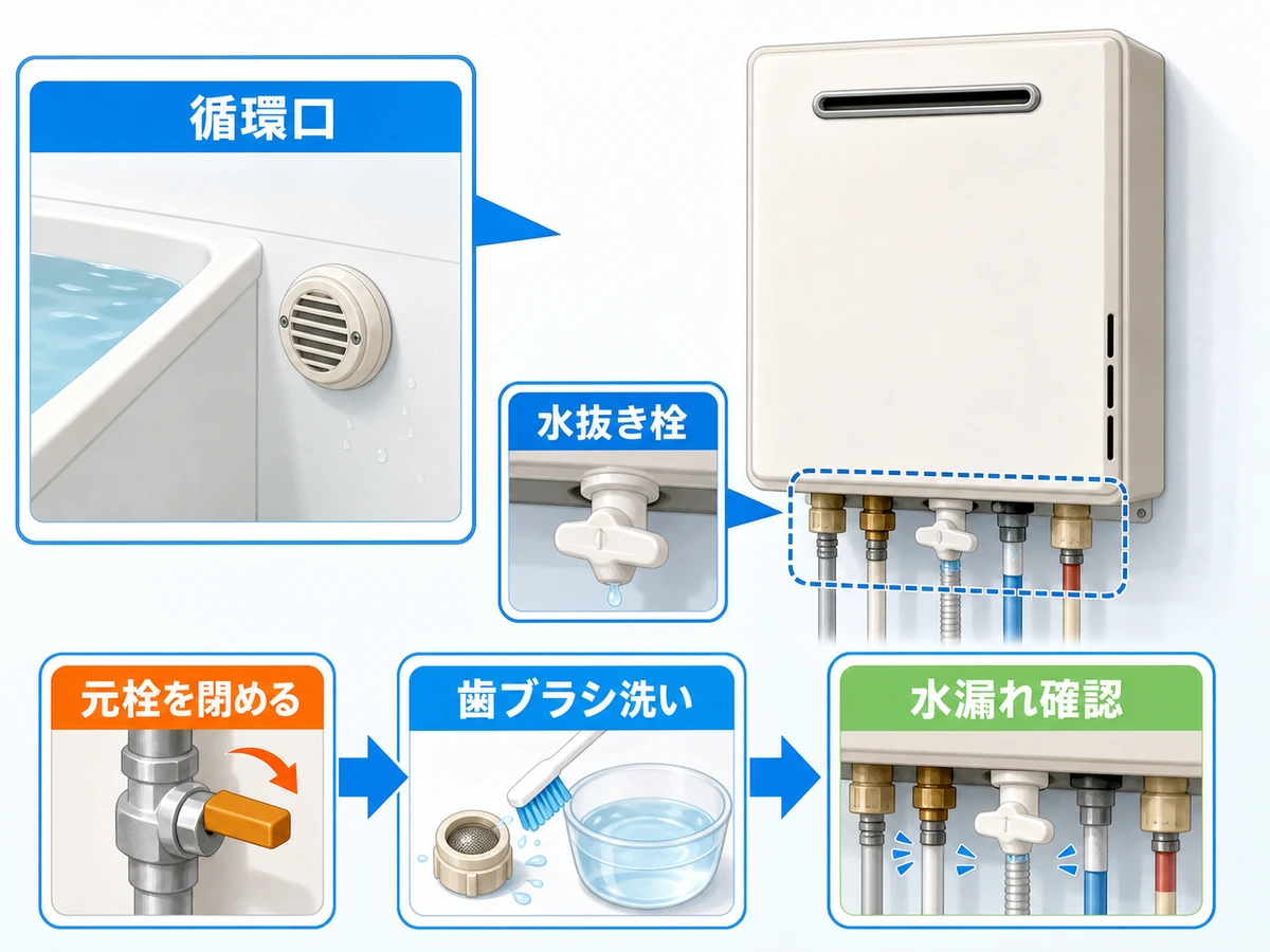 給湯器の循環口と水抜き栓フィルターの掃除手順