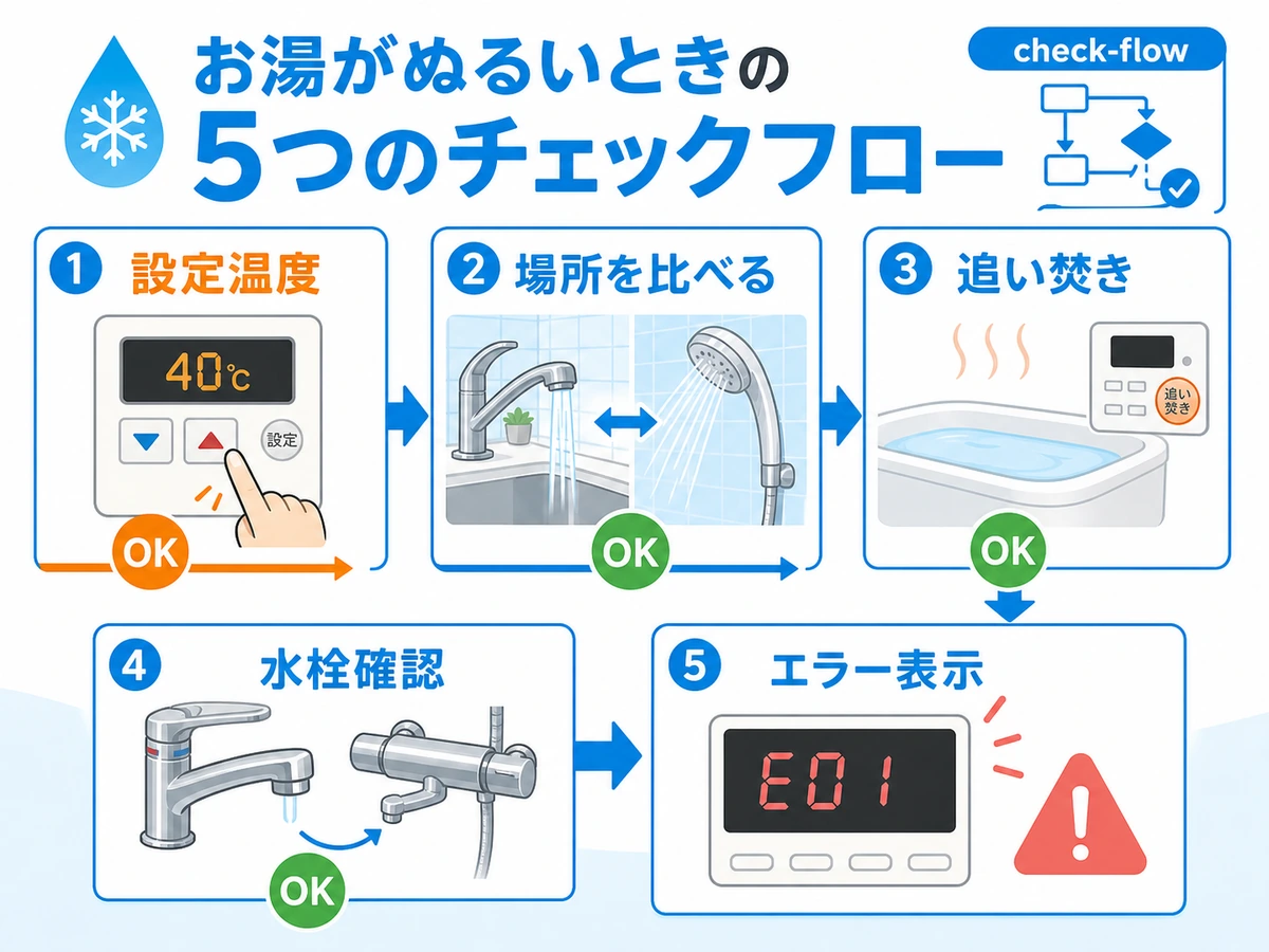 給湯器がぬるい時に設定温度、場所差、追い焚き、水栓、エラー表示を確認する流れ