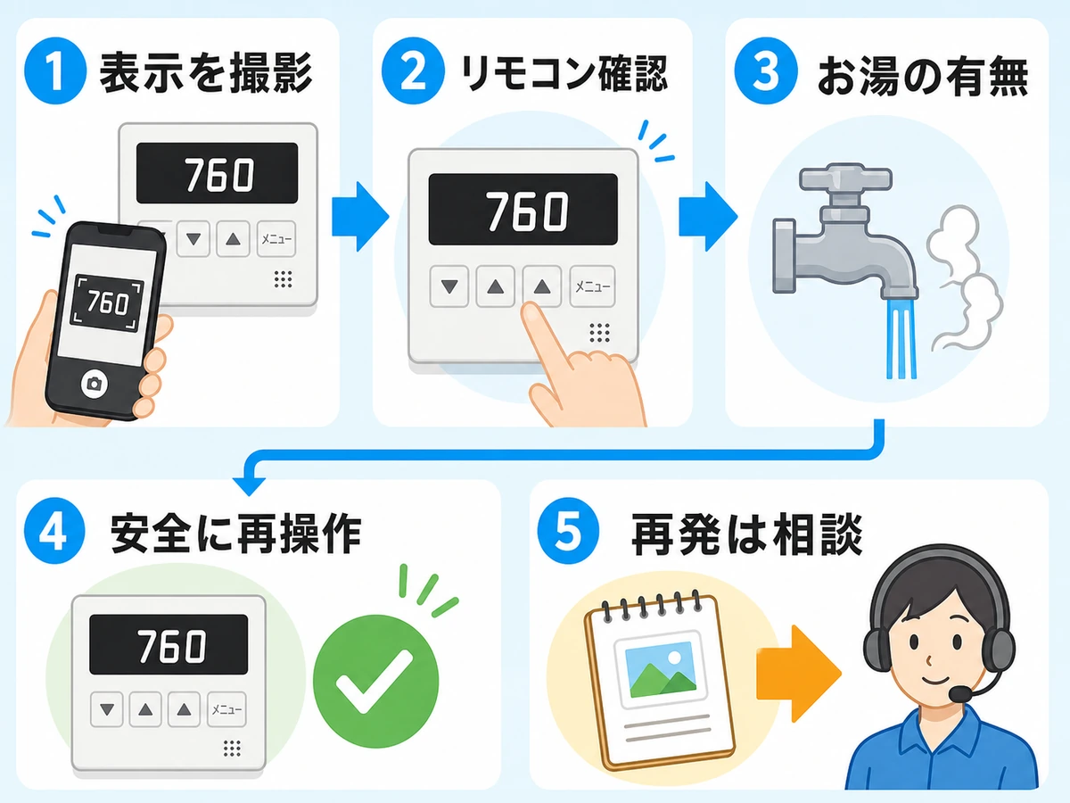 ノーリツ給湯器760表示で最初に確認するリモコンとお湯の有無の手順