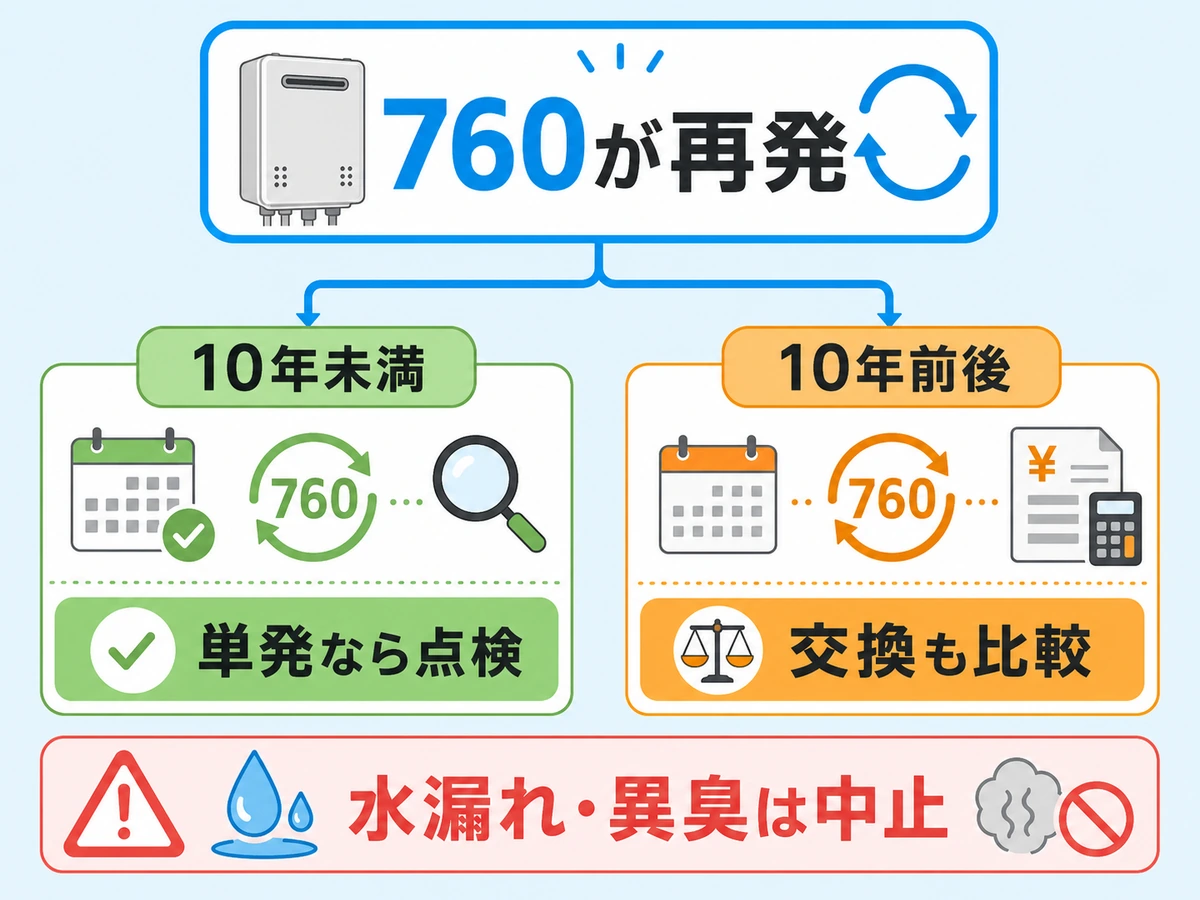 ノーリツ給湯器760が再発した時の修理点検と交換比較の判断図