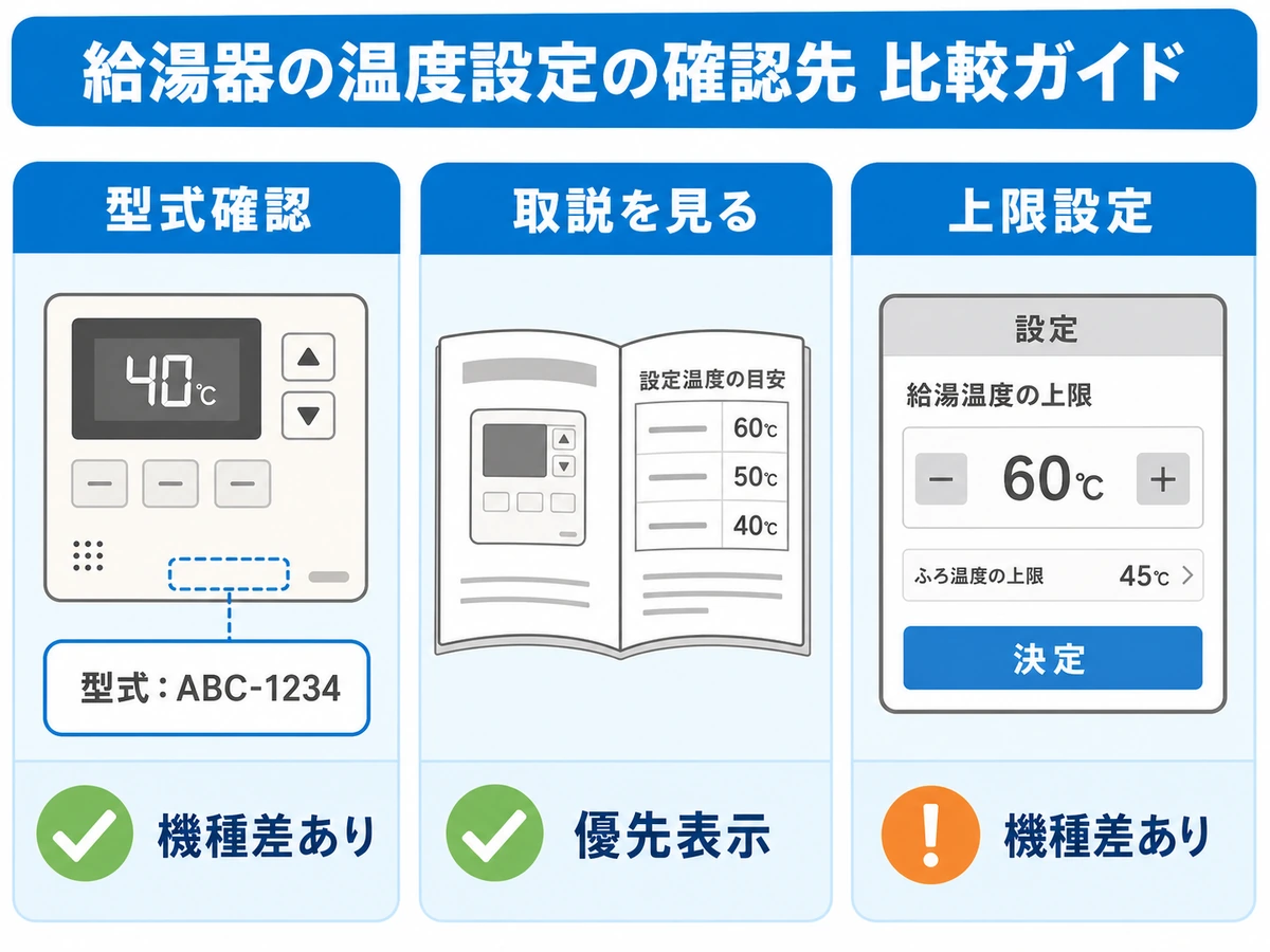 給湯器の型式、取扱説明書、上限設定、優先表示の確認先を比較する図