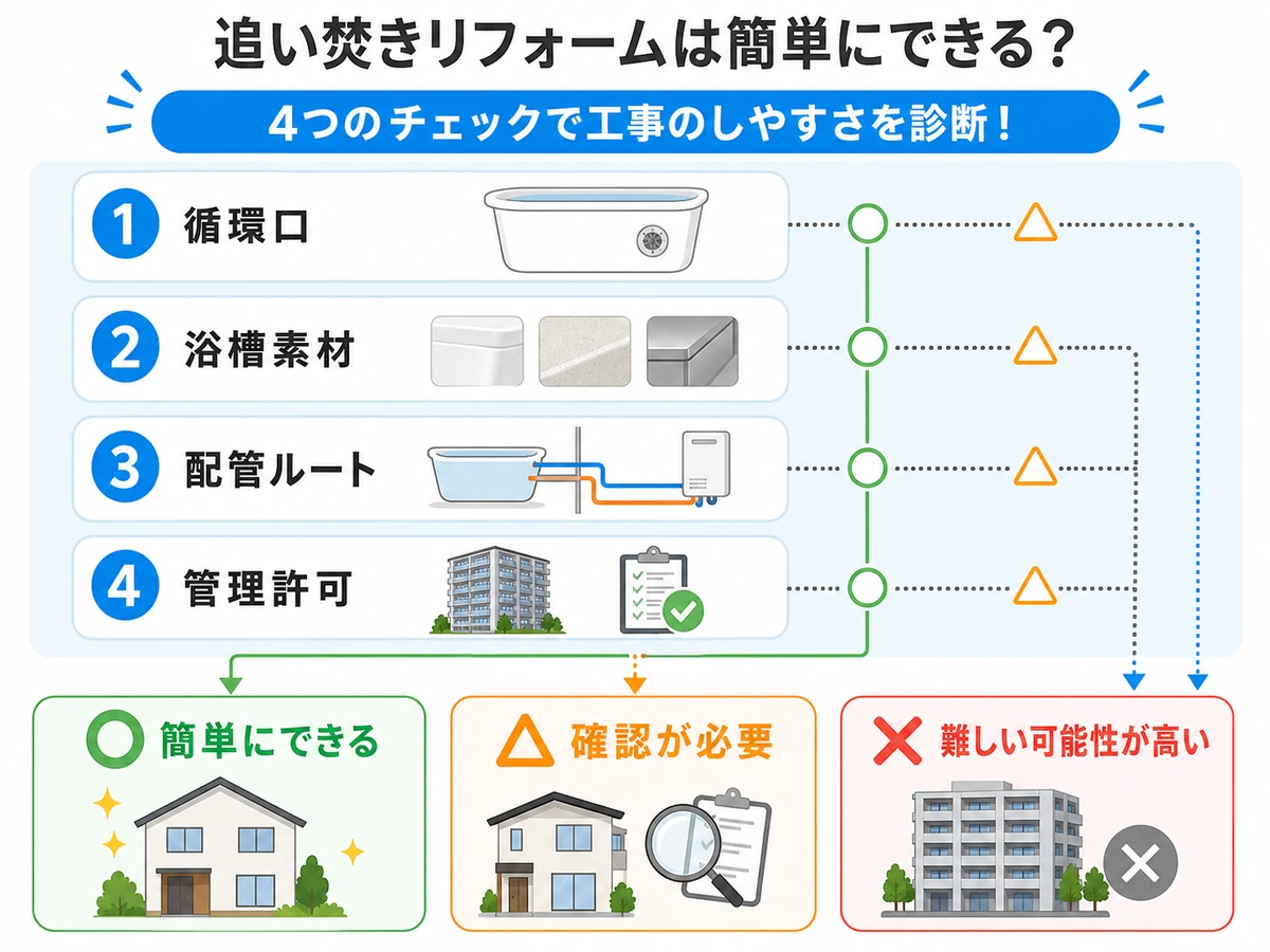 追い焚き後付けができるかを循環口、浴槽素材、配管ルート、管理許可で確認する図