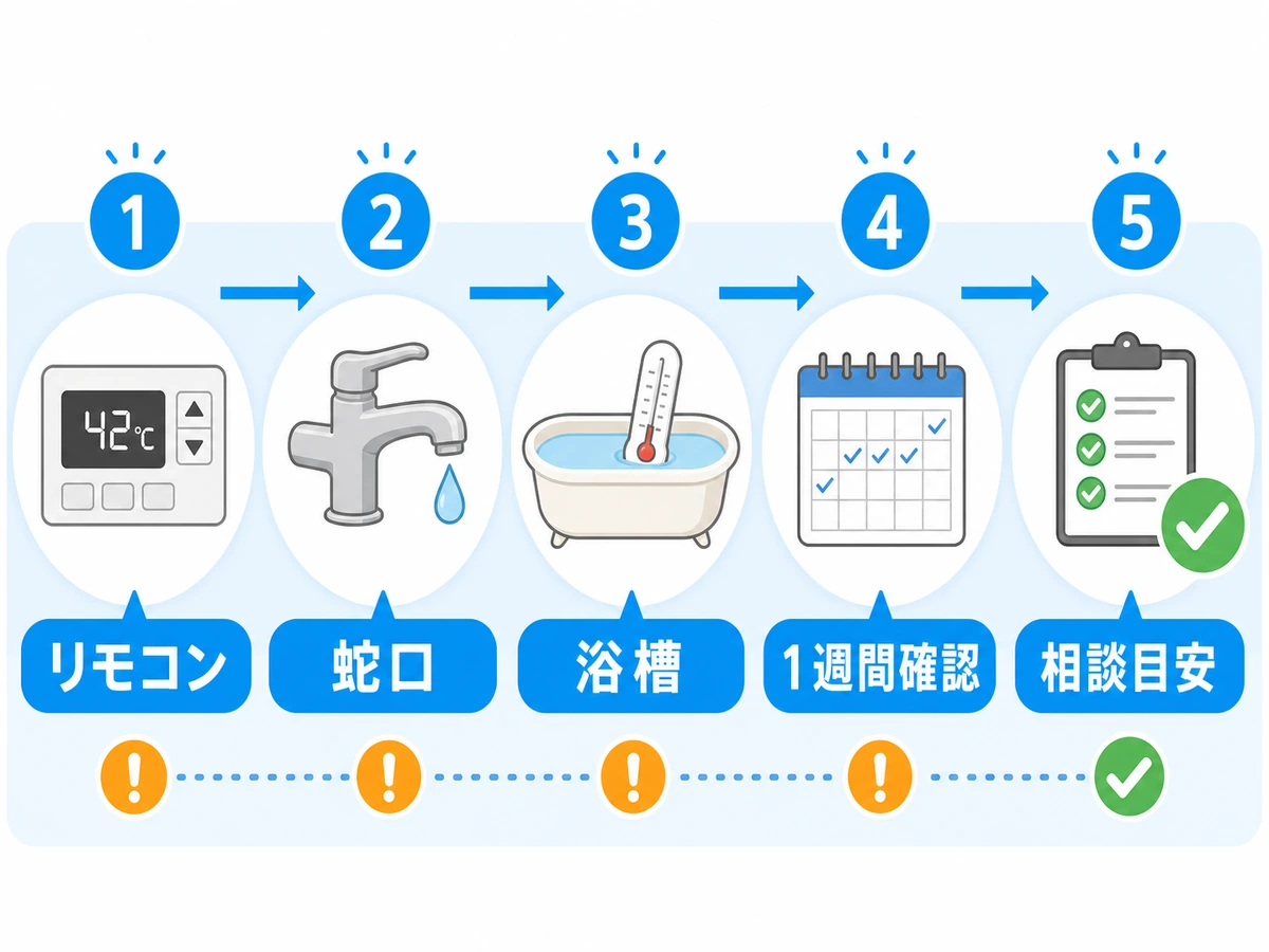 給湯器を41度へ変更した後の確認手順を示す図