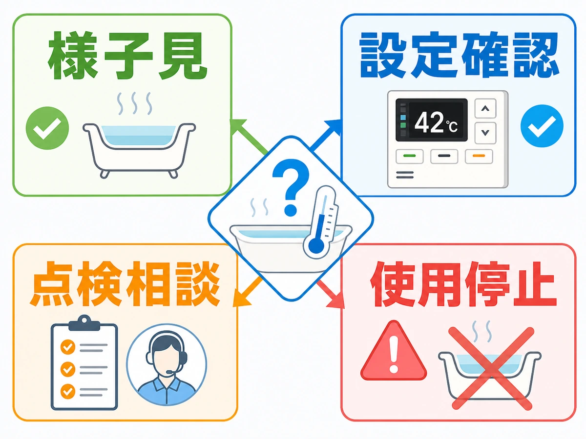 ぬるさの原因別に様子見、設定確認、点検相談、使用停止を分ける判断図