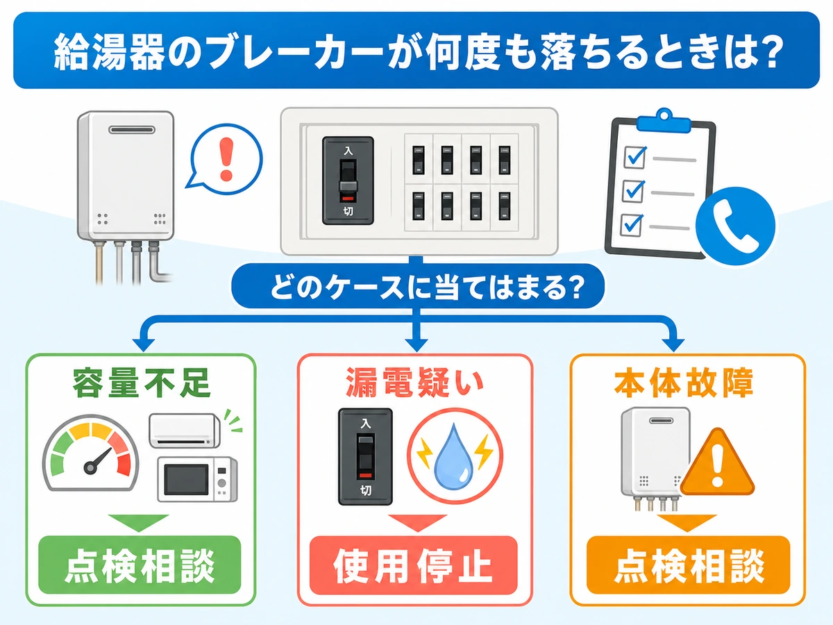 給湯器のブレーカー落ちを容量不足や漏電疑いに分ける判断図