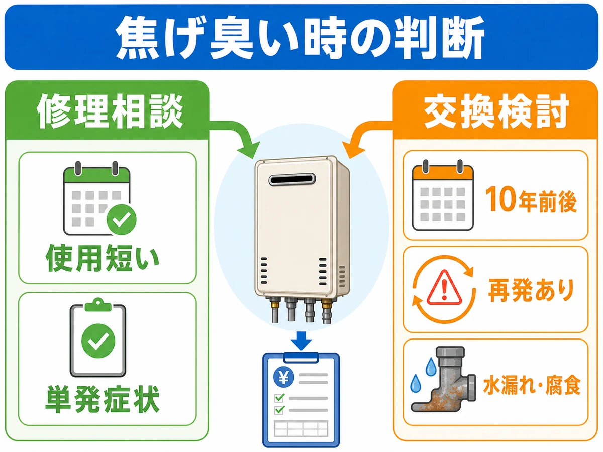 焦げ臭い給湯器の修理相談と交換検討を分ける判断図