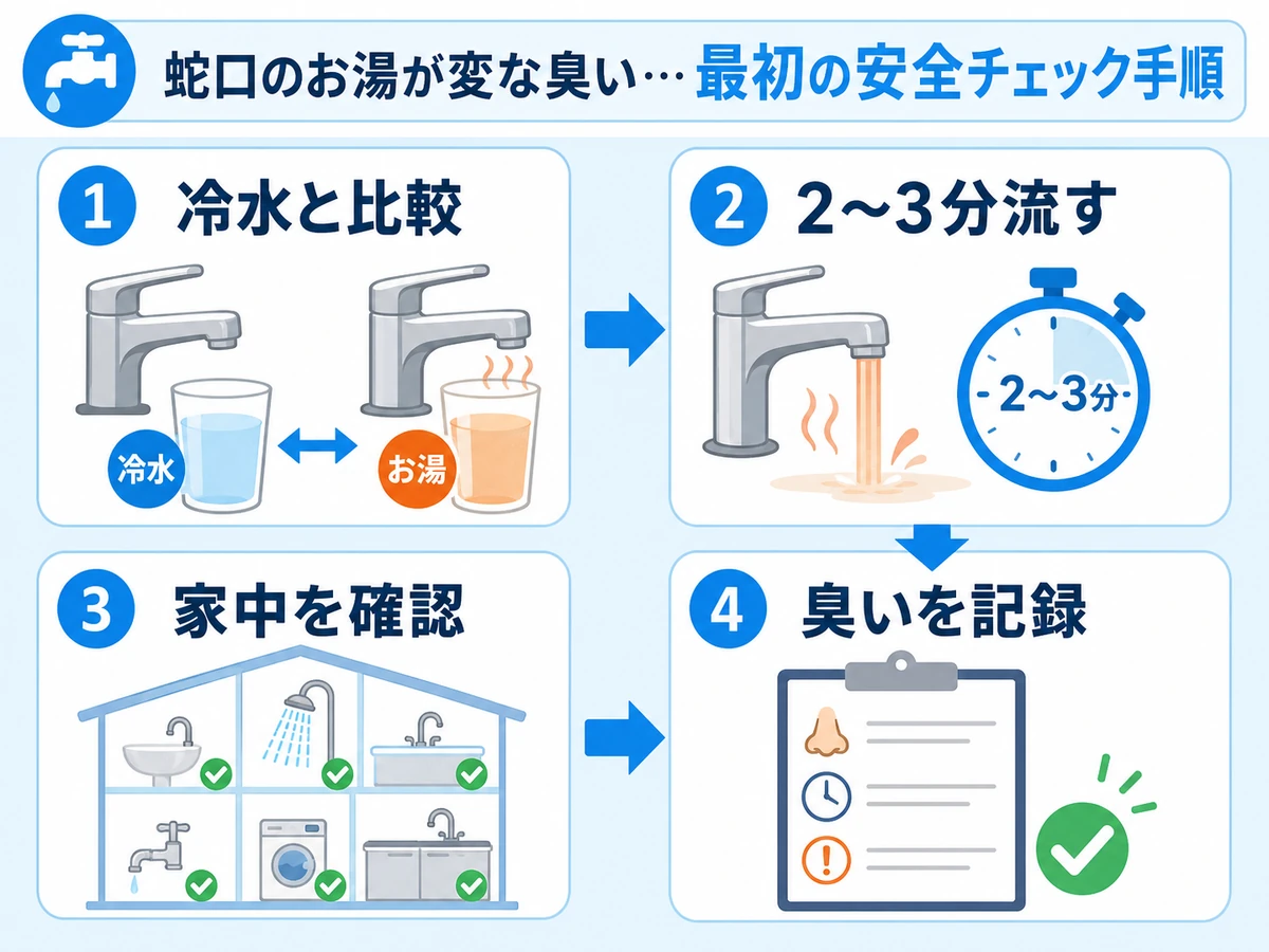 冷水とお湯を比べ、2〜3分流して家中を確認する流れ
