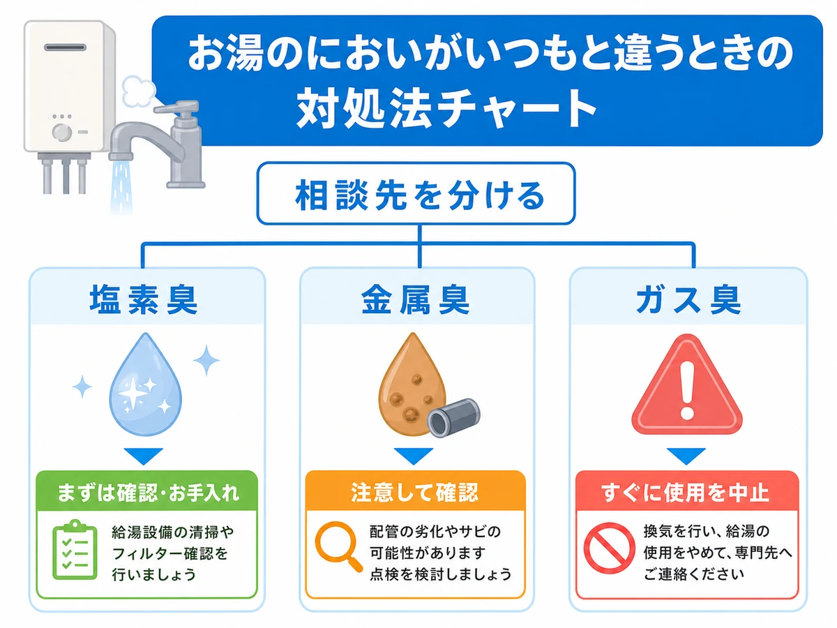 塩素臭、金属臭、ガス臭で相談先を分ける判断図