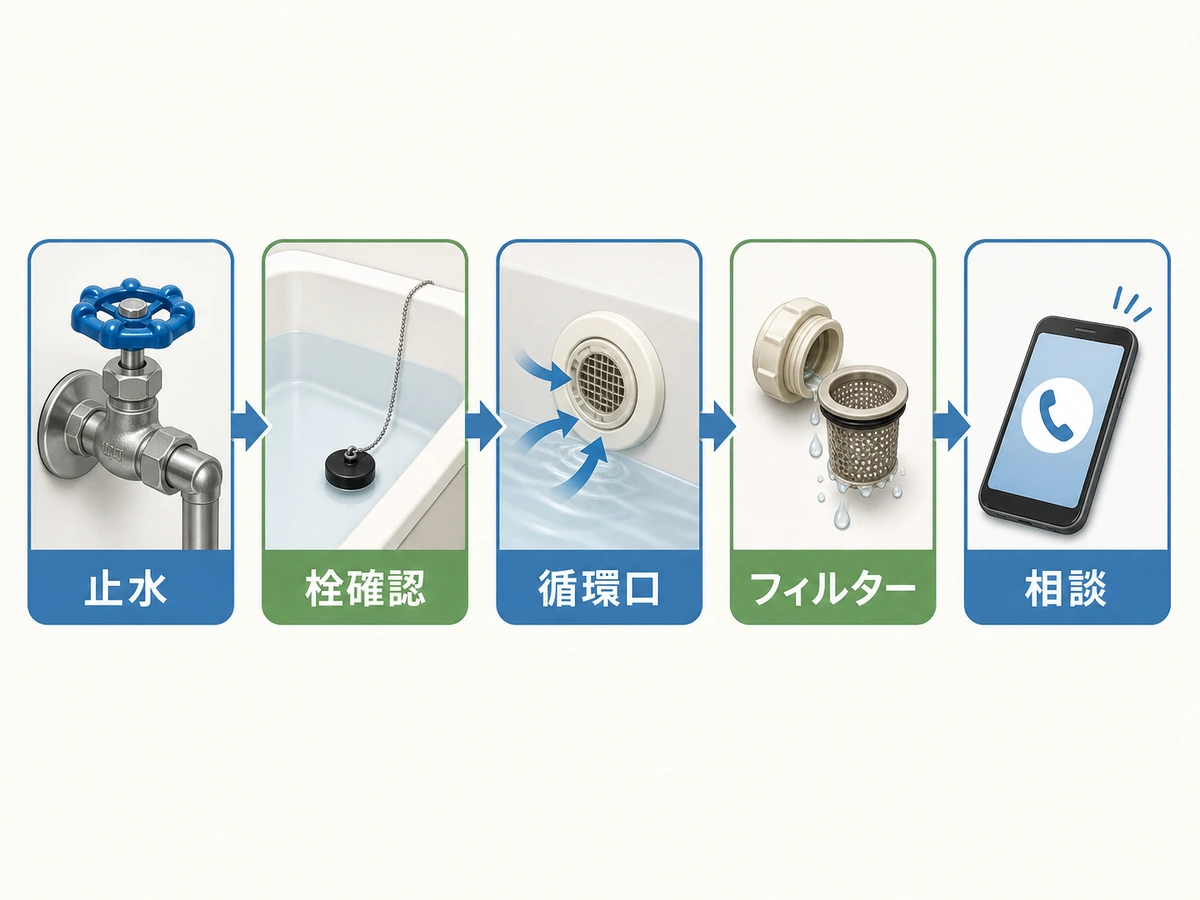 給湯器と風呂自動不調の確認順を示すチェックフロー