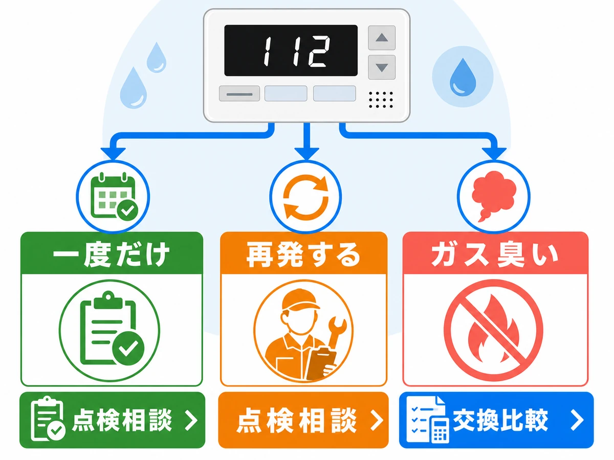 給湯器エラー112をリセットしてよい条件と止める条件を示す判断図
