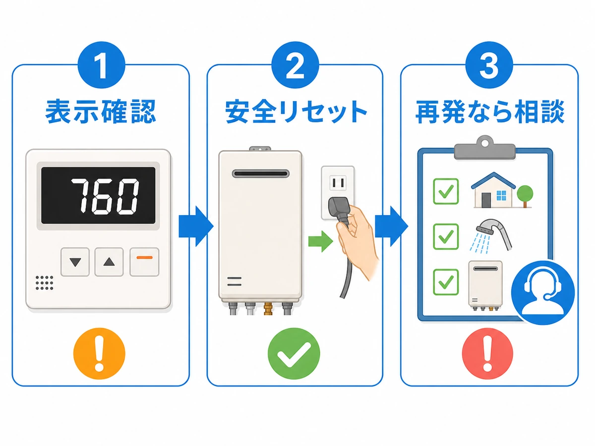 給湯器エラー760の表示確認から安全リセット、再発時の相談までの流れ