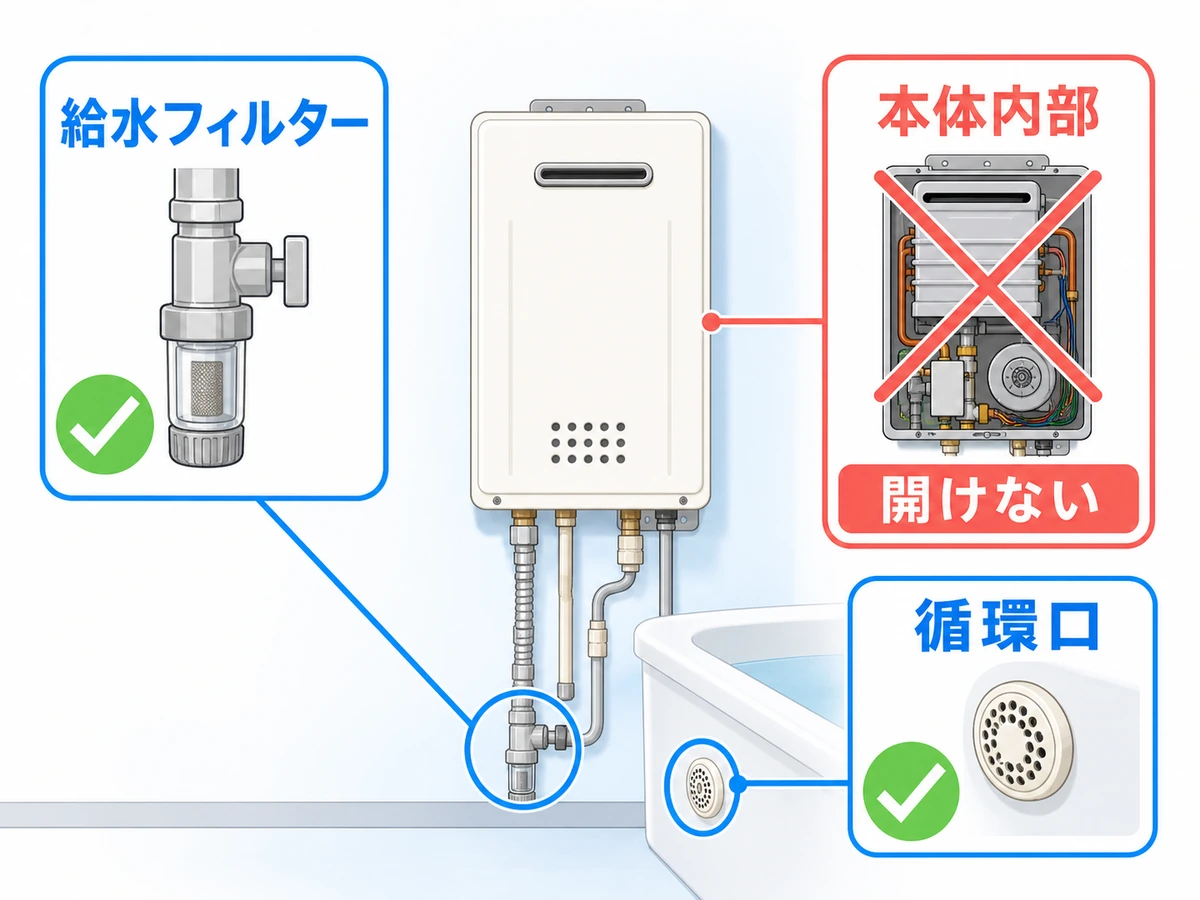 給水フィルター、循環口、本体内部の位置と触ってよい範囲を示す図