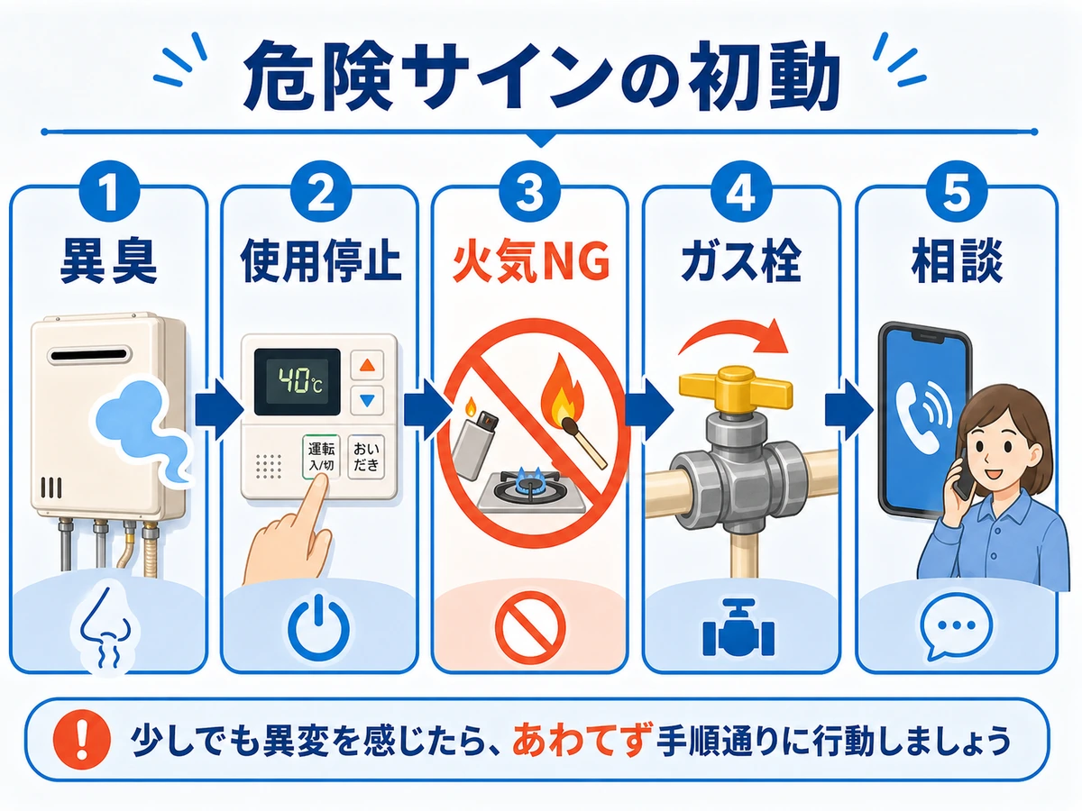 給湯器がガス臭い・焦げ臭い時の使用停止と相談までの確認フロー