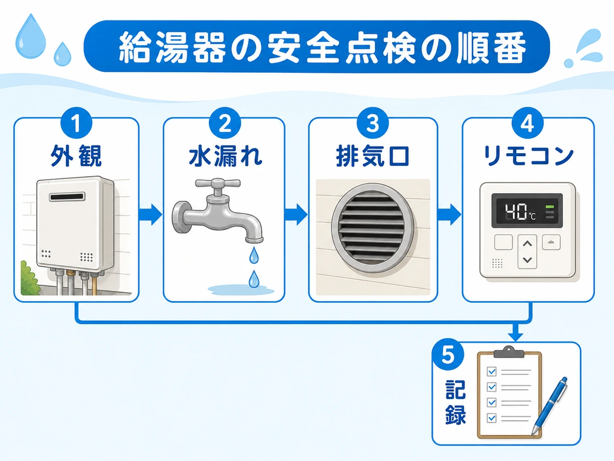 給湯器を外観、水漏れ、排気口、リモコン、記録の順に点検する流れ