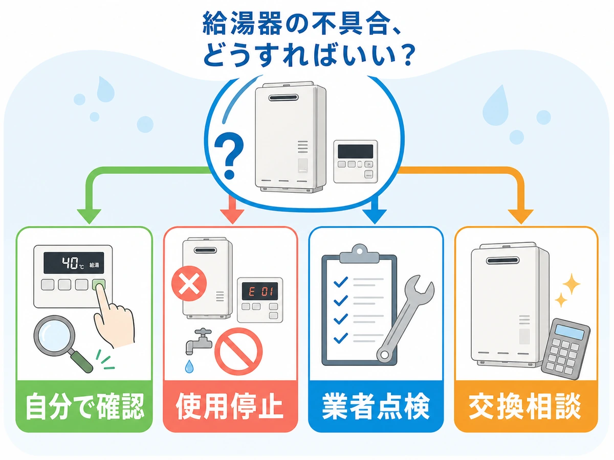 給湯器の点検結果から自分で確認、使用停止、業者点検、交換相談に分ける判断図