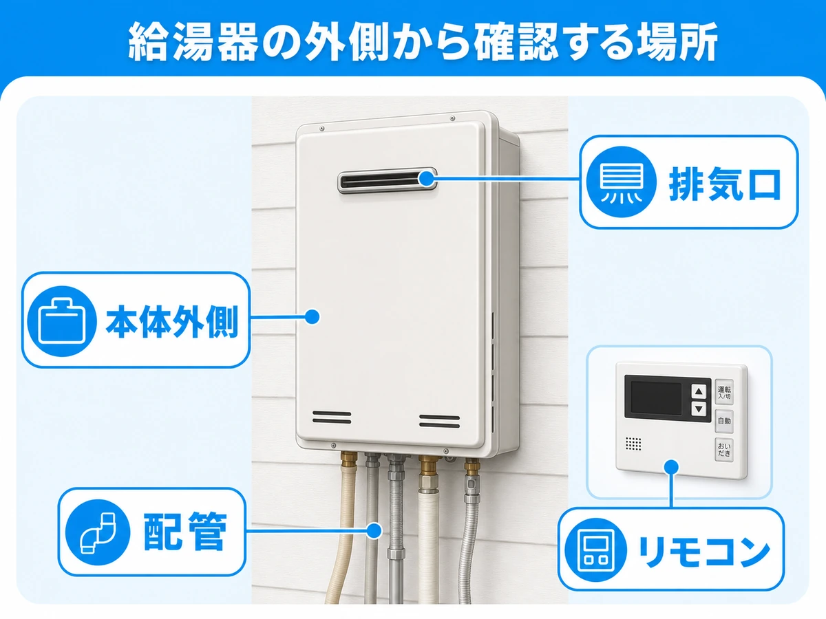 給湯器の排気口、配管、本体外側、リモコンの位置