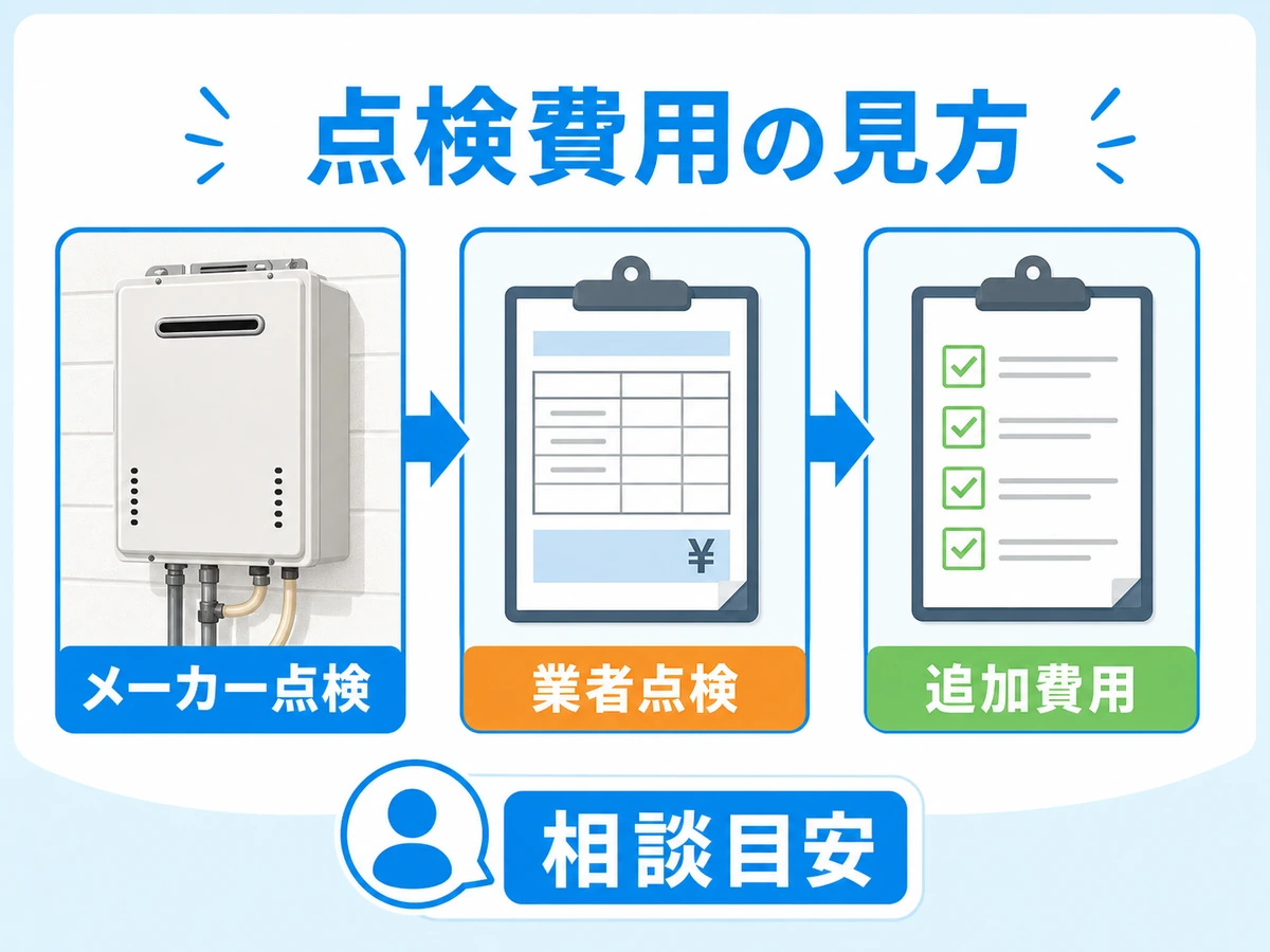 メーカー点検と業者点検、追加費用、相談目安を比較する図