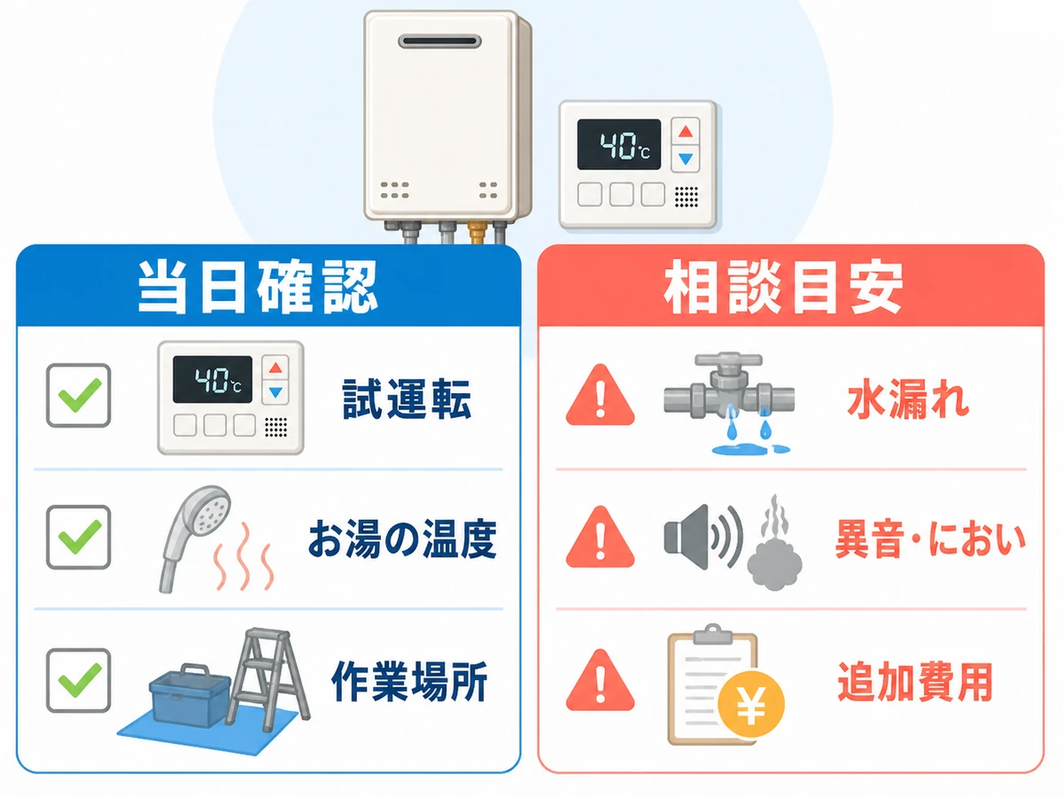 給湯器交換当日に試運転と水漏れや異音などの相談目安を確認する図