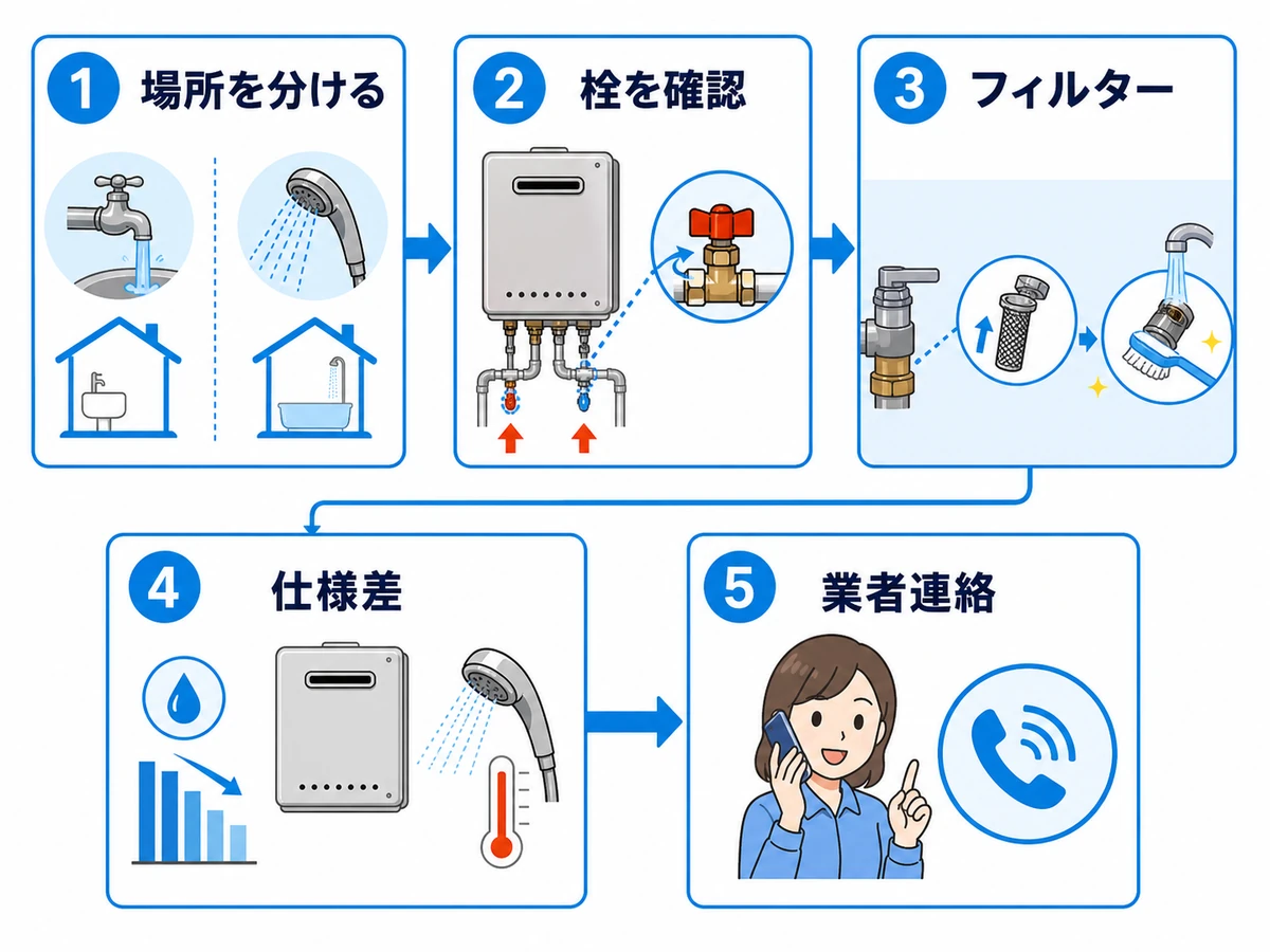 給湯器交換後に水圧低下を確認する5つの流れ