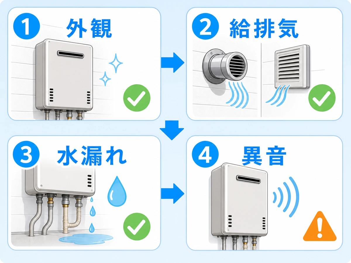 外観、給排気、水漏れ、異音の給湯器メンテナンス確認フロー