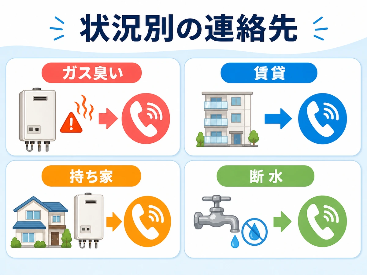 お湯が出ない時の状況別連絡先の判断図