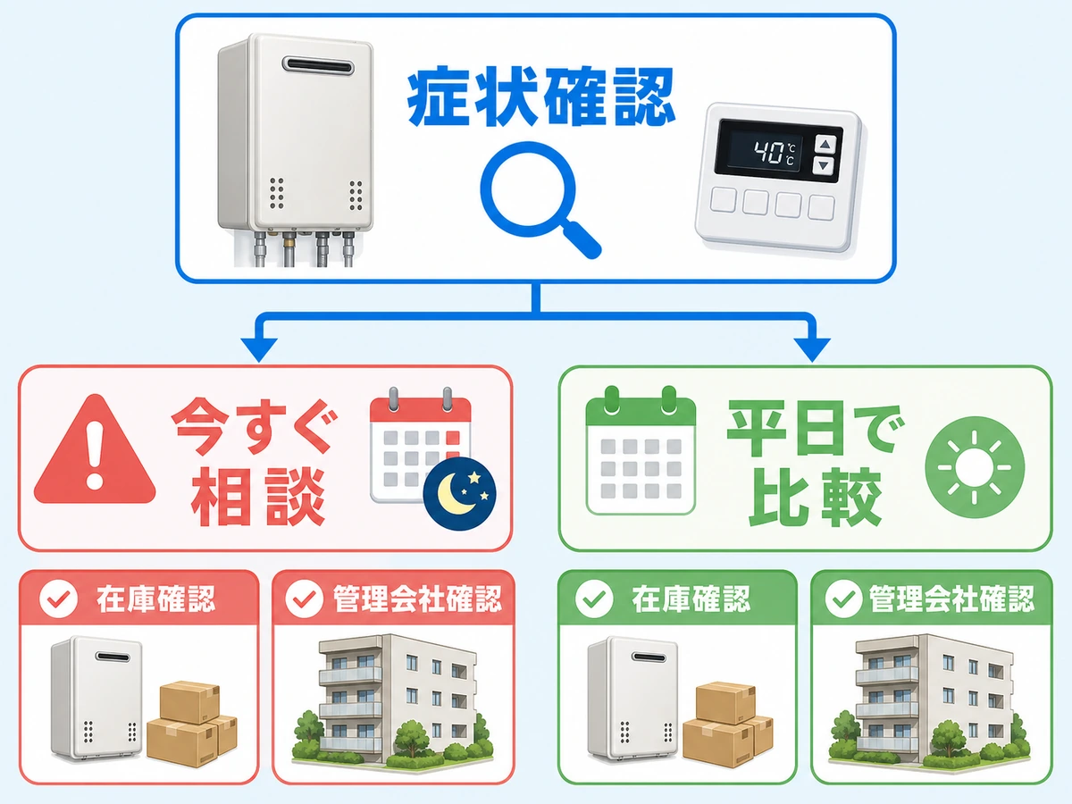 給湯器交換を日曜日や夜に相談するか平日まで待つかの判断チャート