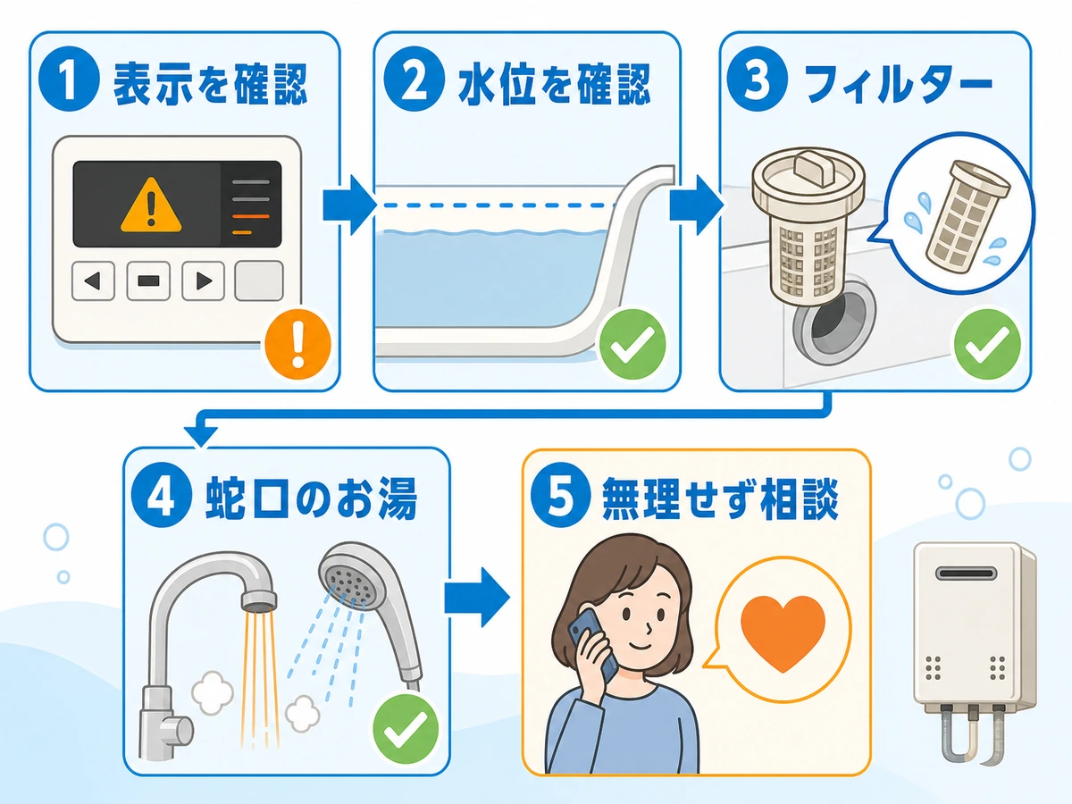 追い焚きできない時に確認する表示、水位、フィルター、蛇口のお湯の順番