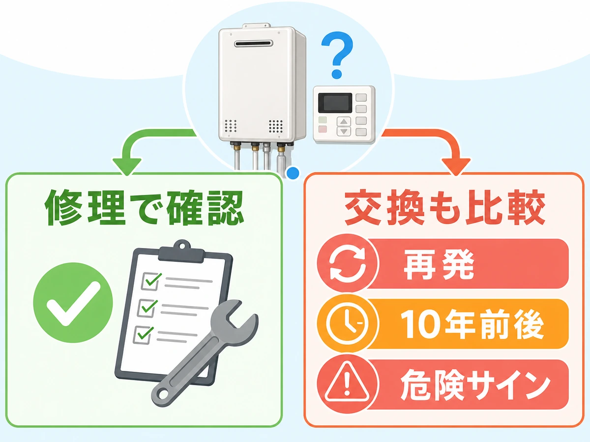 追い焚き不具合で修理確認と交換比較を分ける判断図