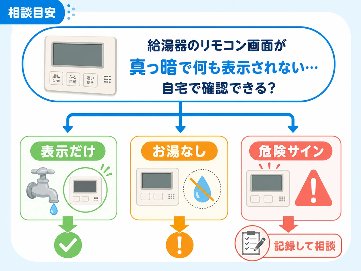 給湯器リモコンの表示だけ消える場合、お湯が出ない場合、危険サインがある場合の相談目安