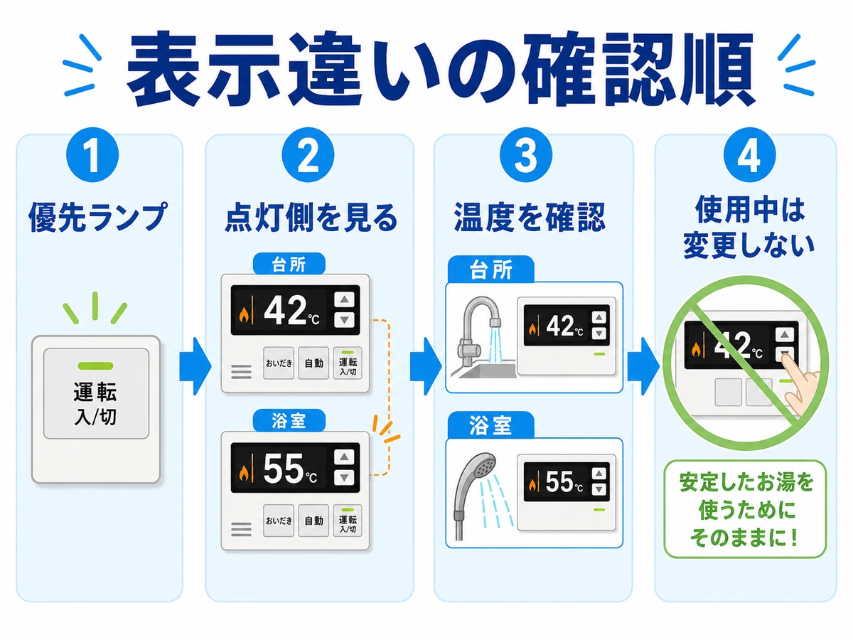 浴室側と台所側のリモコン表示が違う時に優先ランプから確認する手順図