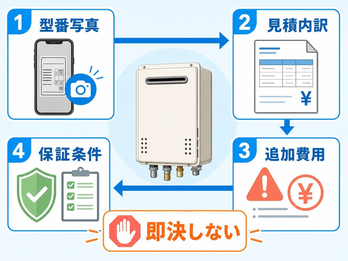 給湯器交換前に型番写真、見積内訳、追加費用、保証条件を確認する流れ