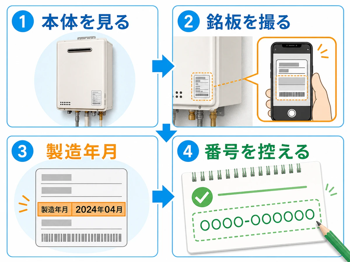 給湯器の銘板を撮影して製造年月と番号を控える確認手順