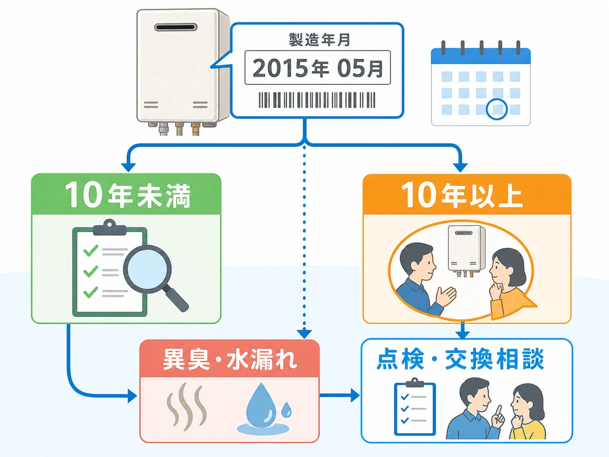 給湯器の製造年月から10年以上や異臭水漏れ時の相談目安を示す図
