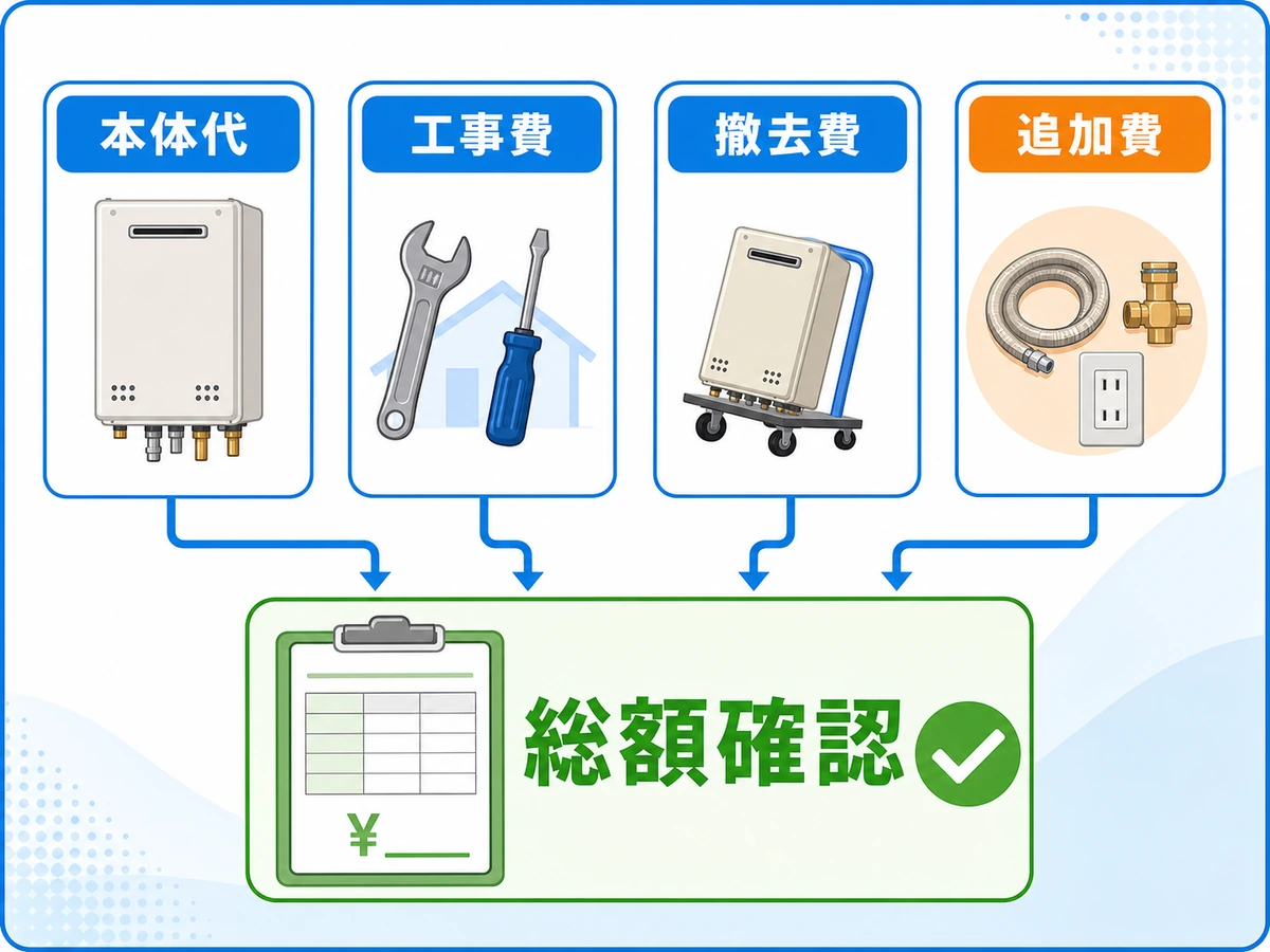 給湯器交換の総額を本体代・工事費・撤去費・追加費で確認する図