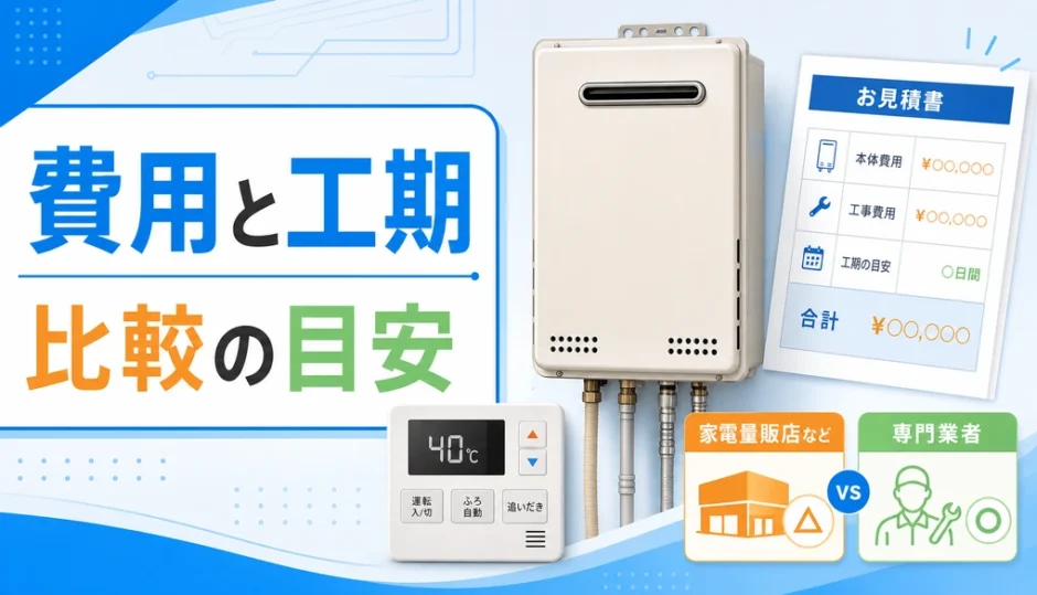 ケーズデンキ給湯器交換の費用と工期を比較するサムネイル