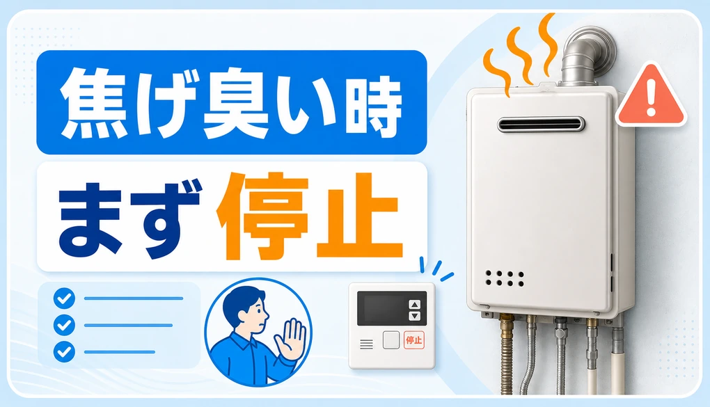 焦げ臭い給湯器の使用停止を促す安全確認サムネイル