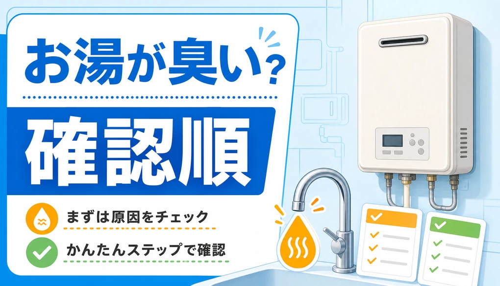 水道のお湯が臭い時の確認順を給湯器と蛇口で示すイメージ