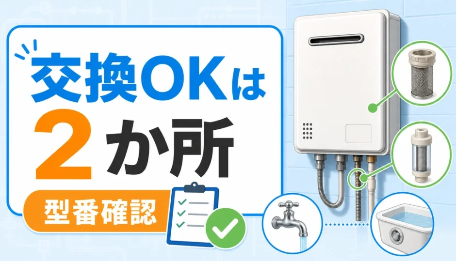 給湯器フィルター交換で確認する2か所と型番確認のイメージ