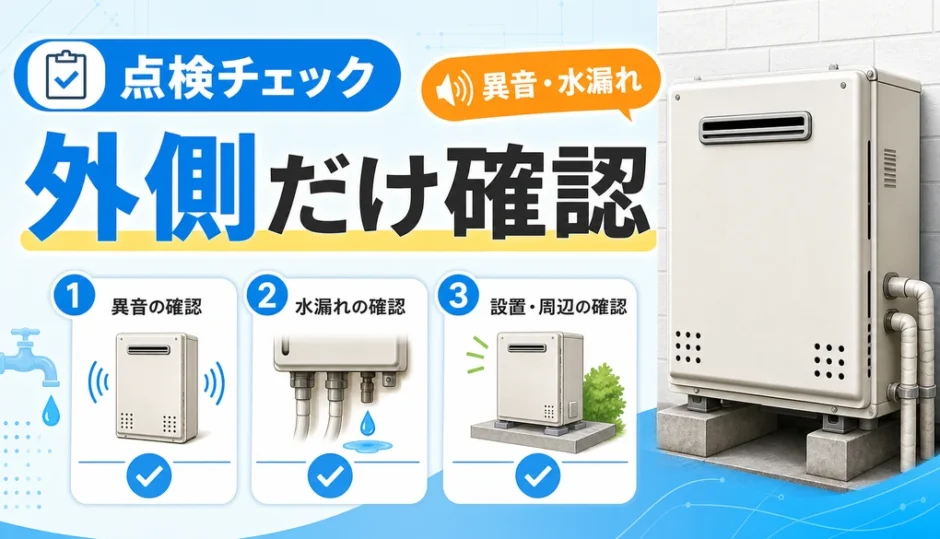 給湯器点検で外側から確認する項目を示すチェックリスト画像