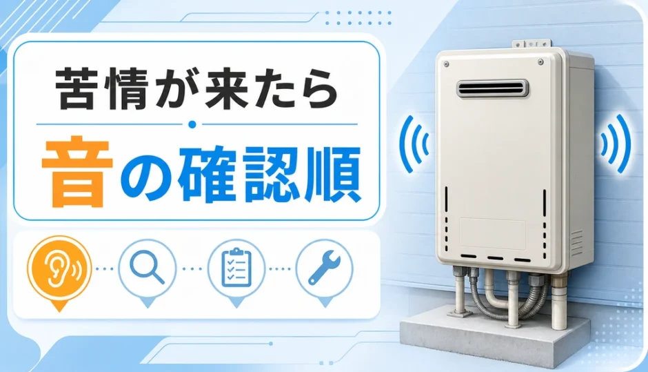 給湯器がうるさいと苦情が来た時の音の確認順を示すイメージ