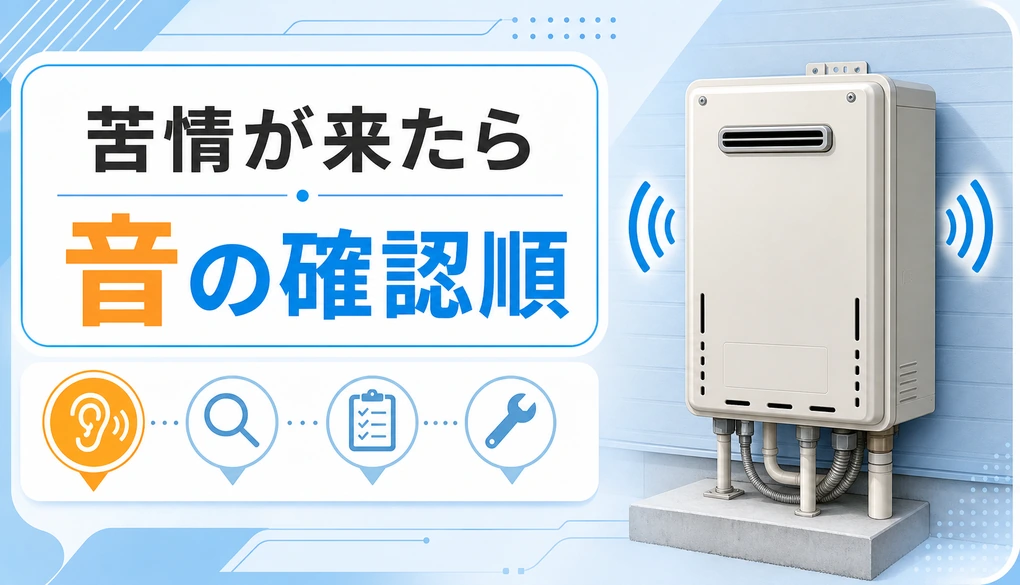 給湯器がうるさいと苦情が来た時の音の確認順を示すイメージ