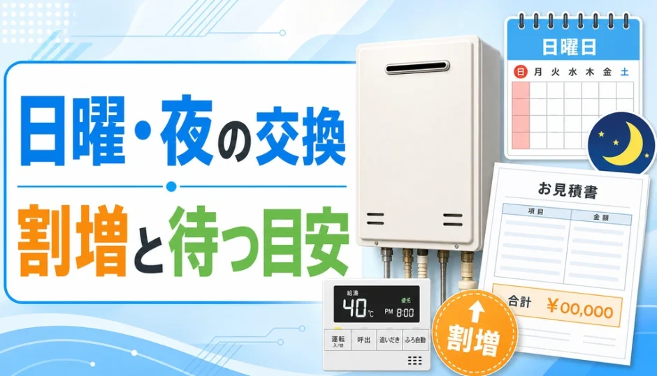 日曜日や夜の給湯器交換で割増料金と待つ目安を確認するイメージ