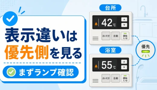 給湯器リモコンの浴室側と台所側で表示が違う時は優先ランプ側を見ることを示す図