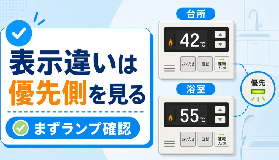 給湯器リモコンの浴室側と台所側で表示が違う時は優先ランプ側を見ることを示す図