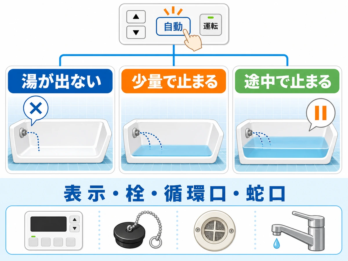 風呂自動の湯が出ない、少量で止まる、途中で止まるの3状態と、表示・浴槽栓・循環口・蛇口の確認対象
