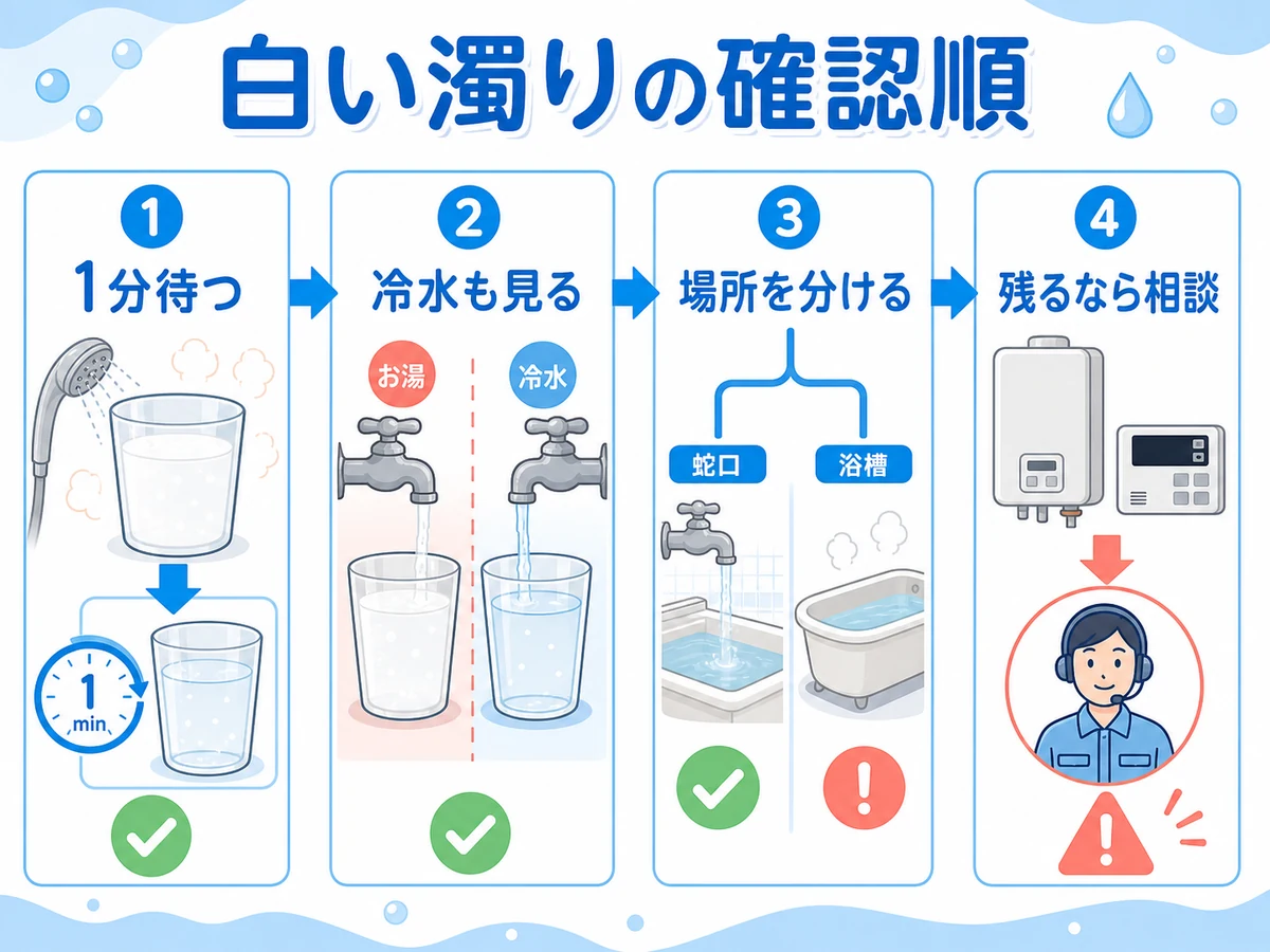 白い濁りを1分待つ、冷水を見る、場所を分ける、残るなら相談する確認順