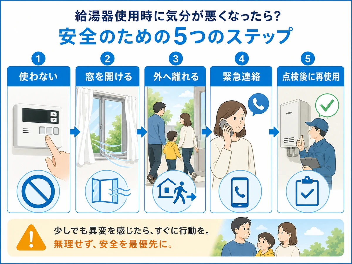 給湯器の警報器が鳴った時に使用停止、窓開け、避難、緊急連絡、点検後再使用へ進む流れ