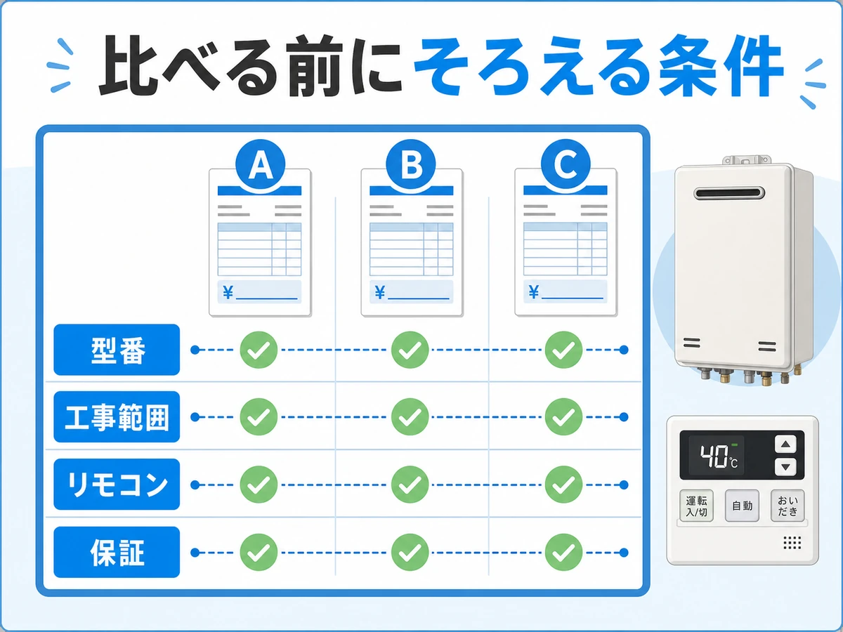 給湯器の見積書を型番、工事範囲、リモコン、保証の条件でそろえる比較図